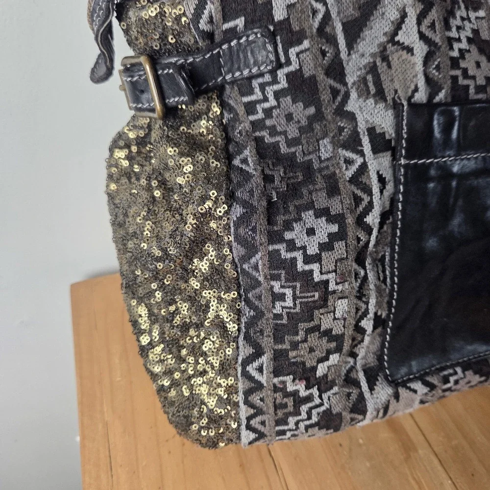 Caterina Lucchi Italy Leather Tapestry Sequin Boho Tote Shoulder Bag Fringe